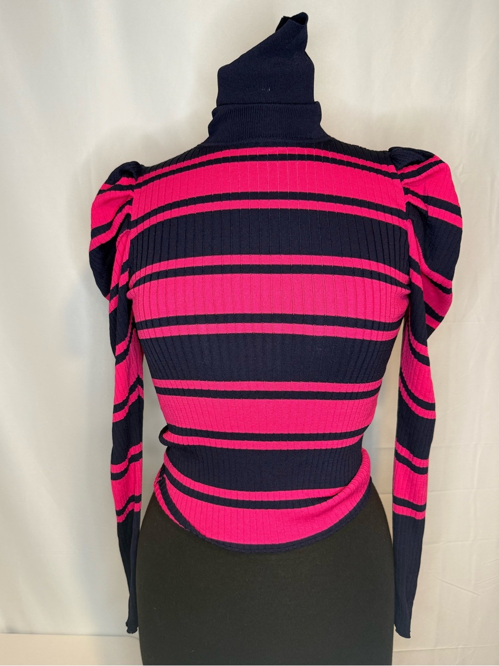 Zara Pink & Navy Striped Ribbed Puff Sleeve Turtleneck Sweater S
